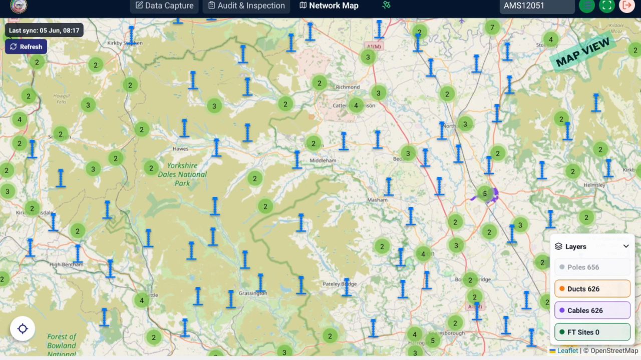 AMS mobile app network map showing field assets and route layers