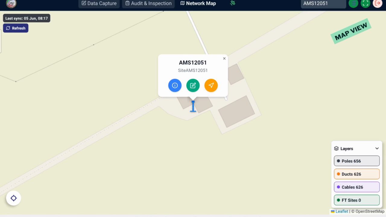 AMS mobile app site detail card with field action controls