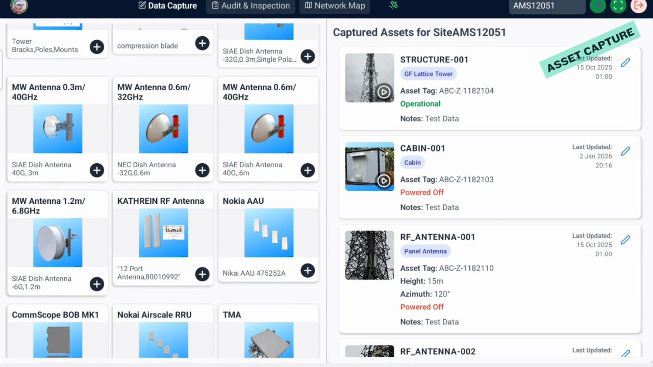 AMS mobile app asset catalogue and captured assets list