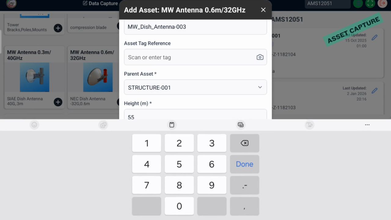 AMS mobile app numeric value entry keypad for asset information