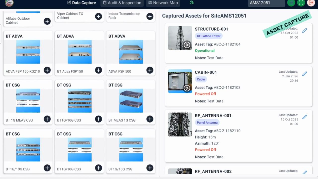 AMS mobile app equipment catalogue and captured asset records