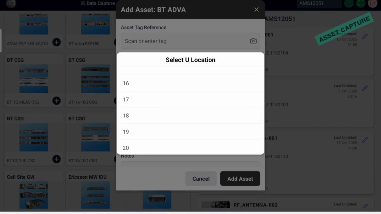 AMS mobile app site location selector dialog