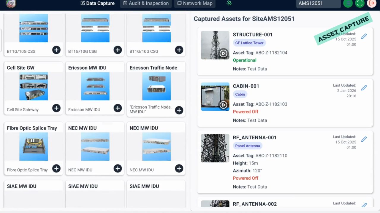 AMS mobile app captured asset list with operational and powered off status
