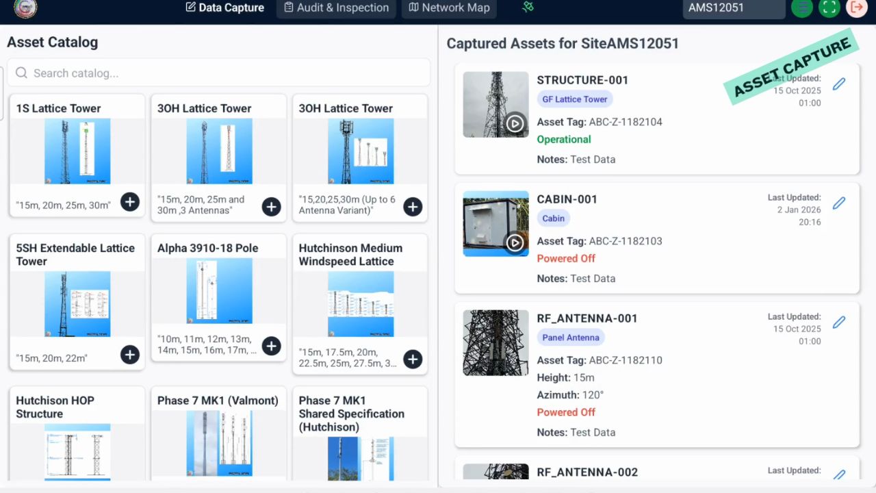 AMS mobile app asset catalogue and captured asset status view