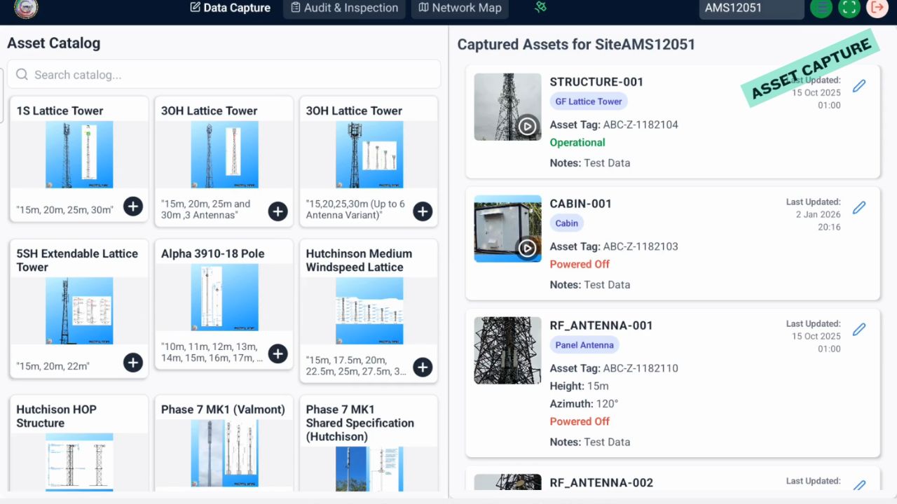 AMS mobile app asset catalogue and captured assets list for site inspection