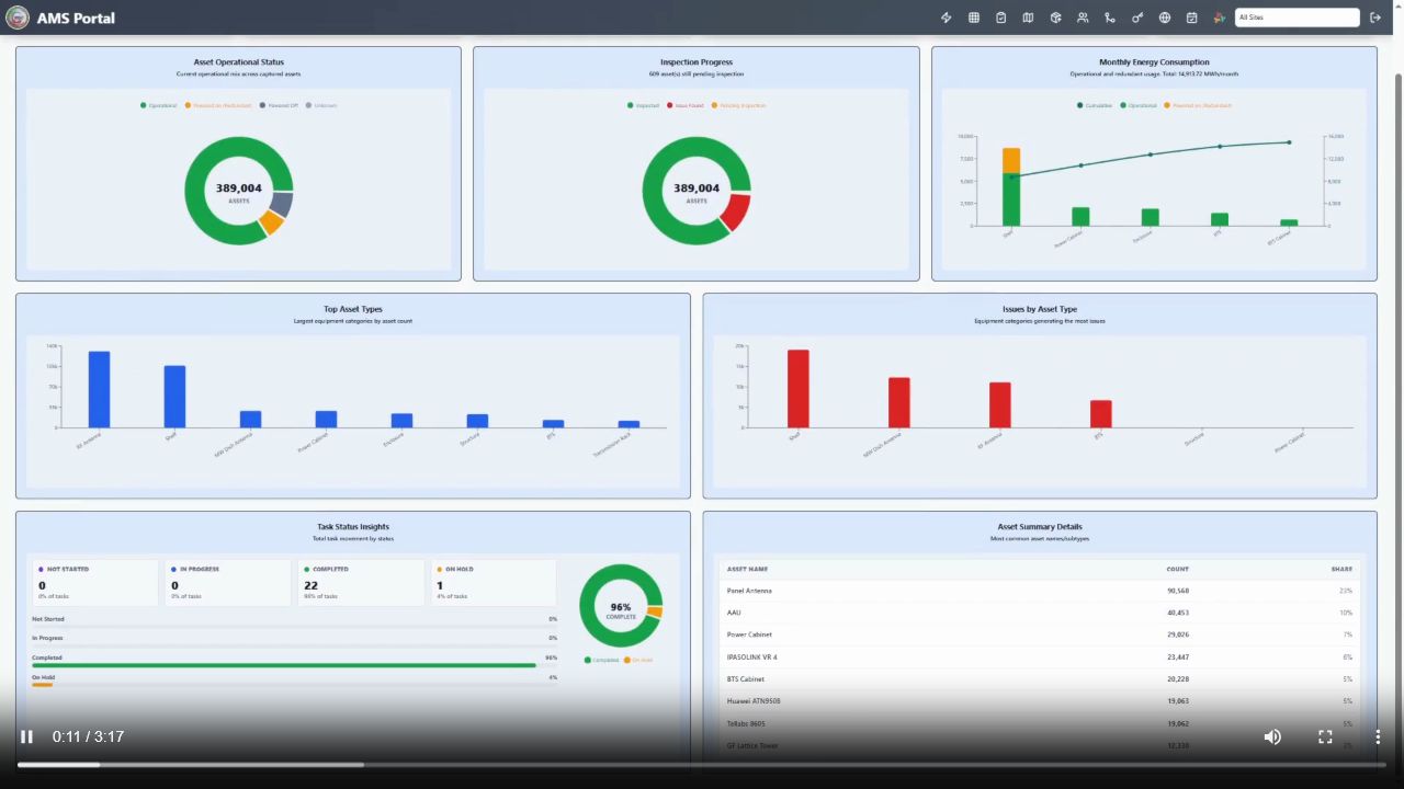 AMS portal dashboard showing operational status, inspection progress, asset type charts and issue analytics