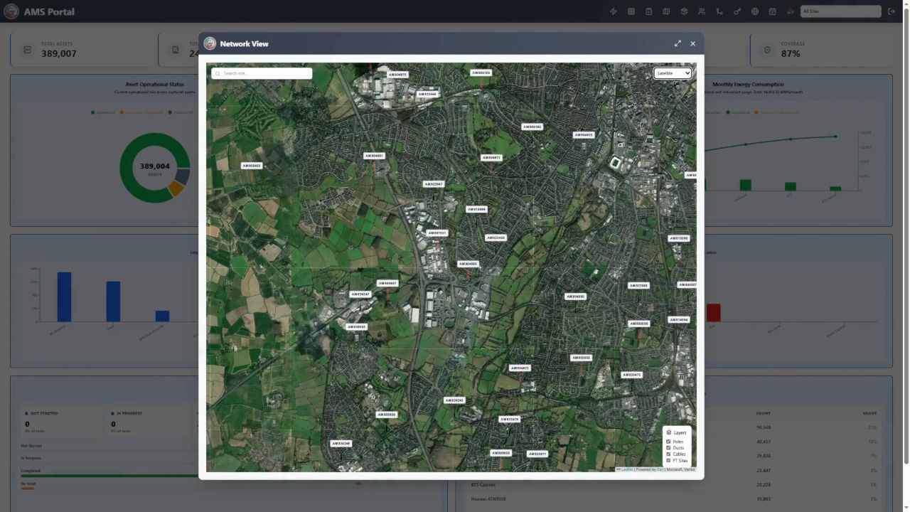 AMS portal map window showing site and asset locations