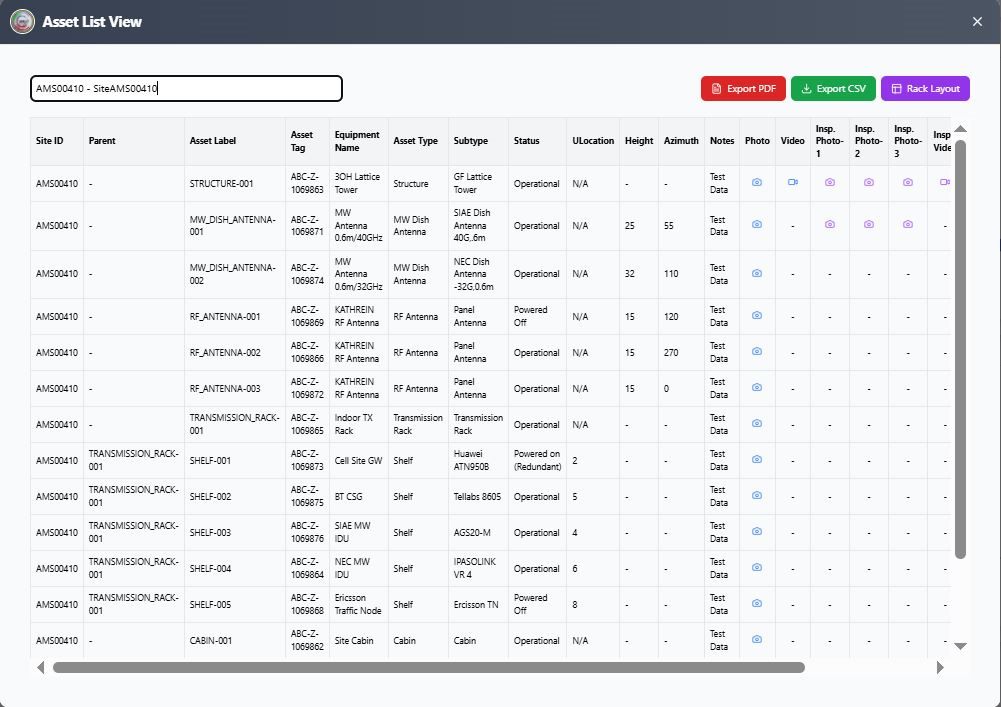 AMS asset register table showing structured captured asset records