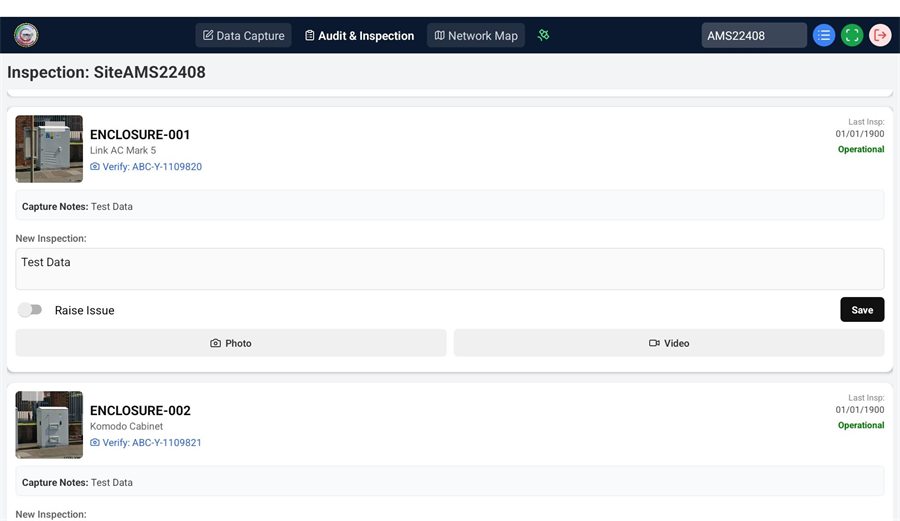 AMS mobile inspection workflow showing enclosure inspection records and evidence capture