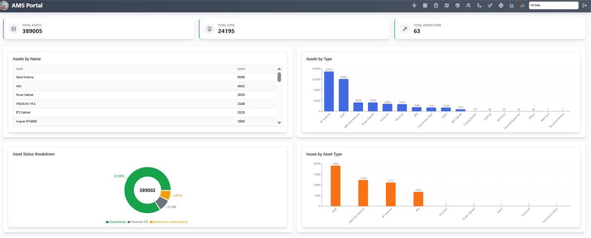 AMS Capture portal dashboard with asset totals, asset status breakdown and asset type charts