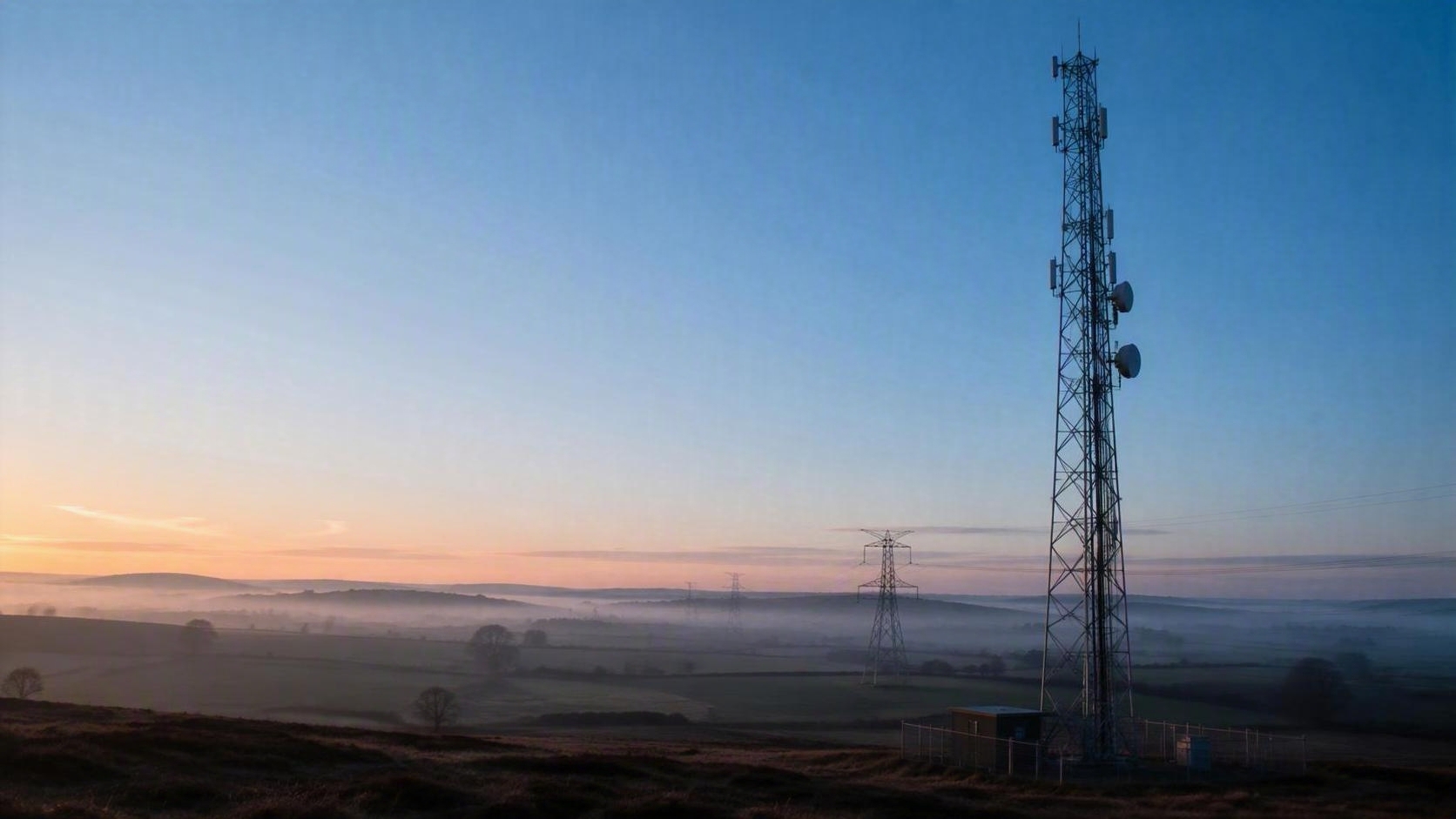 Radio tower and critical network infrastructure at sunrise